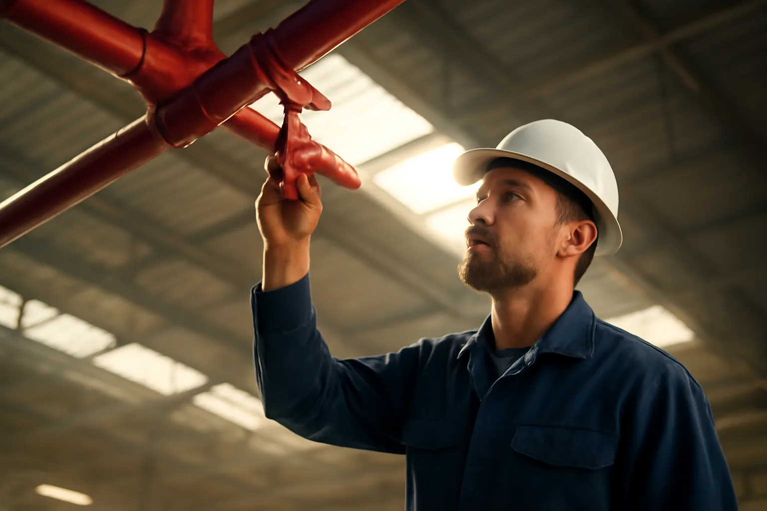 Sprinkler ITM technician inspecting red pipe system in Alabama warehouse ceiling