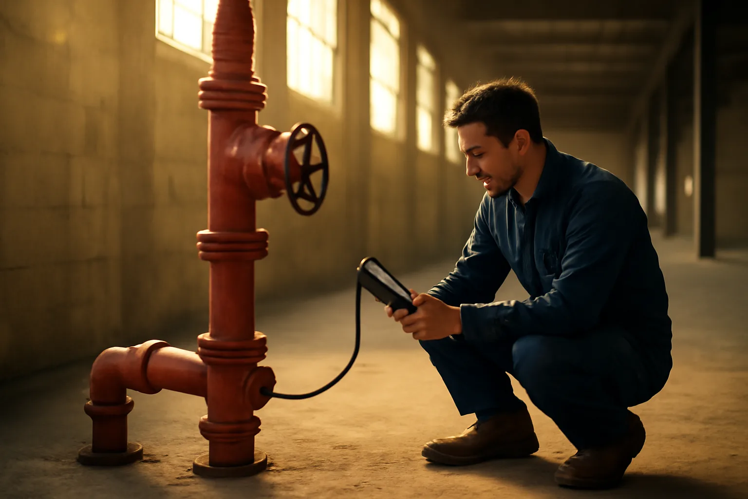 Technician gauging a wet pipe sprinkler riser in Arizona warehouse
