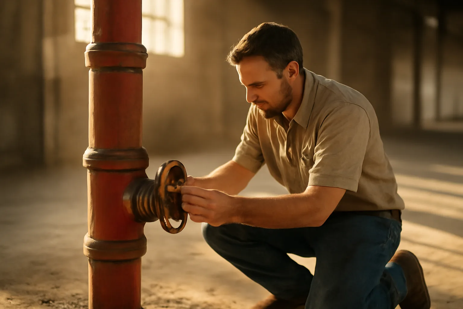 Fitter kneeling by a red sprinkler riser in a California warehouse
