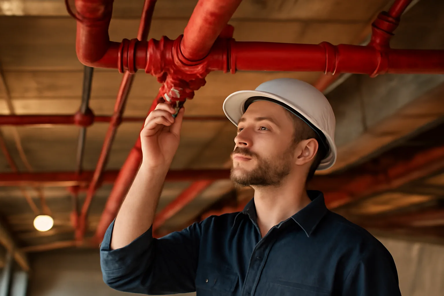 Technician inspecting red sprinkler pipes and brass heads in a commercial ceiling