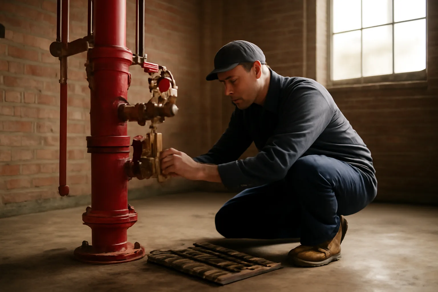 Worker checks a warehouse sprinkler riser during Indiana ITM work
