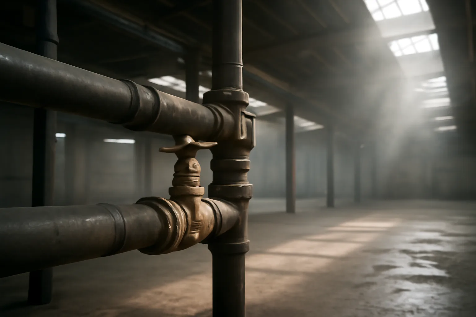 Iowa warehouse wet pipe sprinkler valve in morning skylight