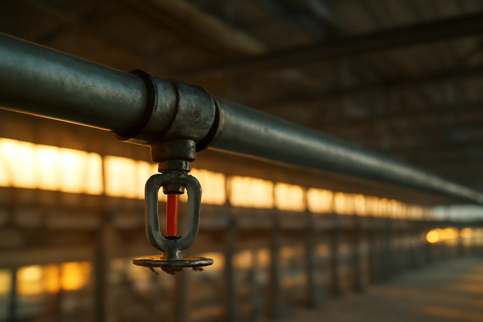 Commercial fire sprinkler head on pipe inside Alaska warehouse ceiling with natural light