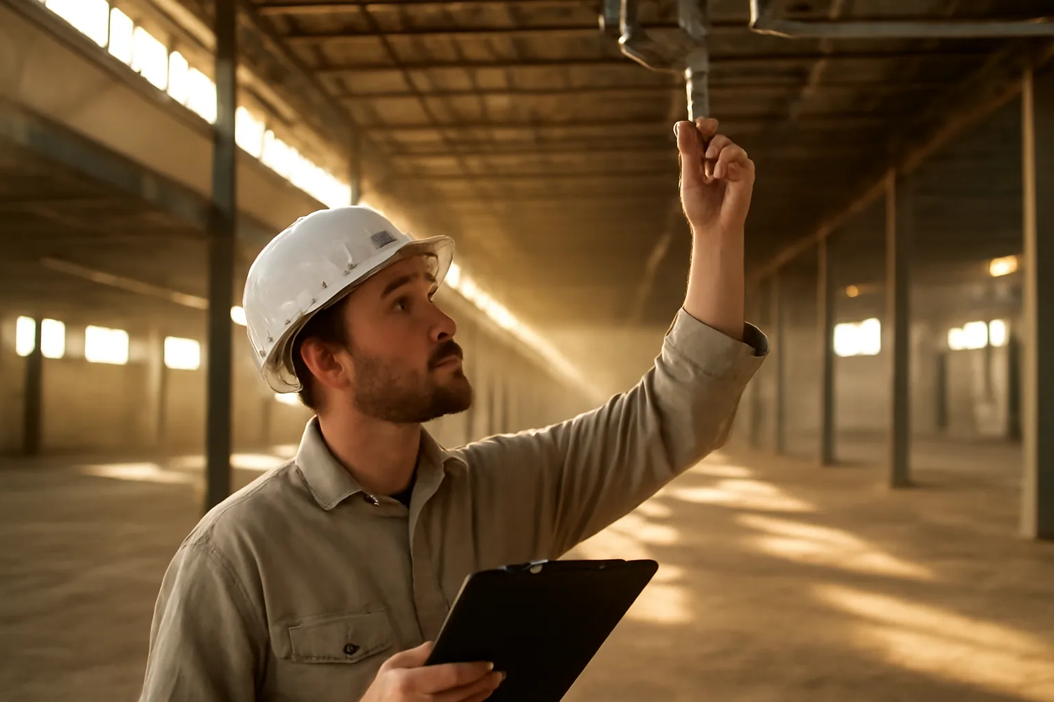 Fire sprinkler inspector checking overhead sprinkler heads inside an Arizona warehouse