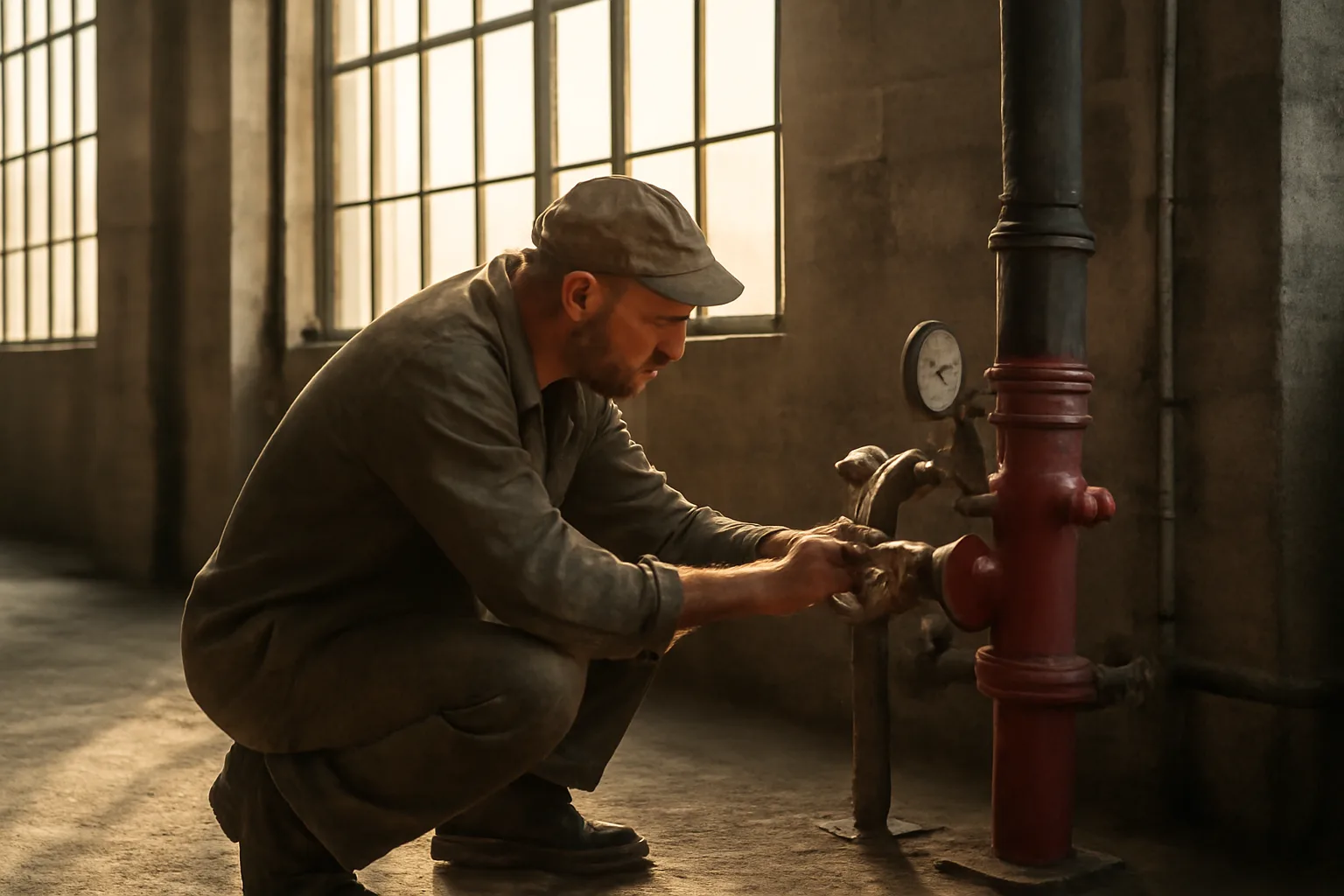 Worker checks an Arkansas warehouse fire sprinkler riser