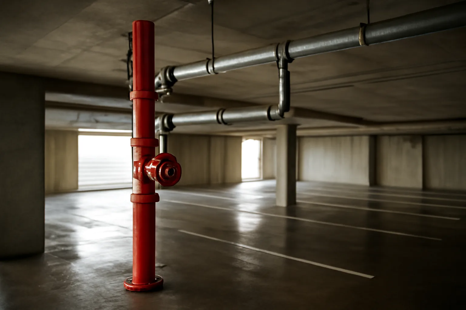 Fire sprinkler riser pipes in a California garage for ITM