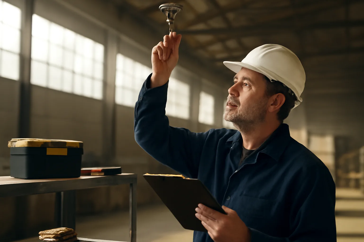 Fire sprinkler ITM inspector examining overhead sprinkler heads in a Colorado warehouse