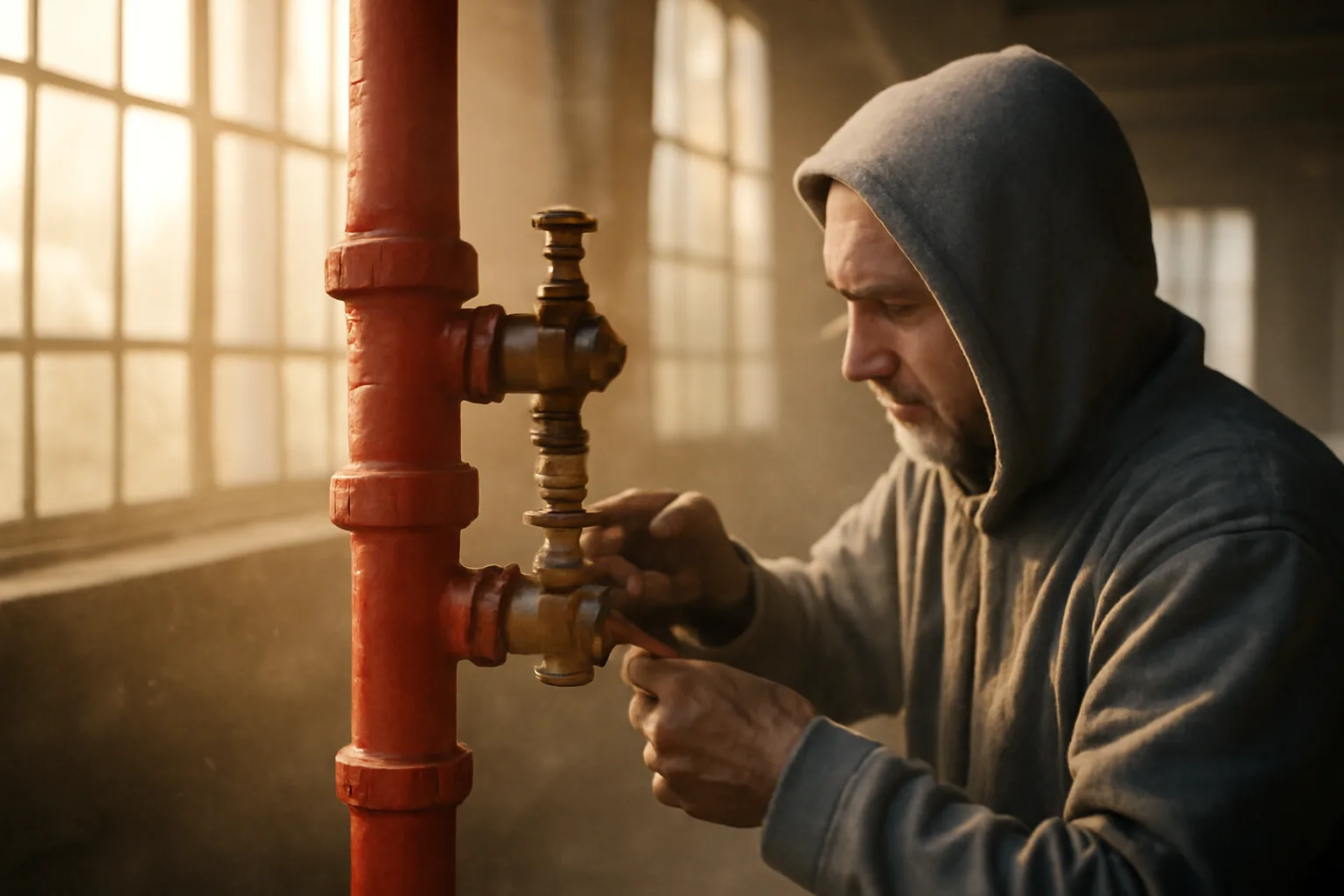 Worker tightening valves on a Delaware warehouse sprinkler riser