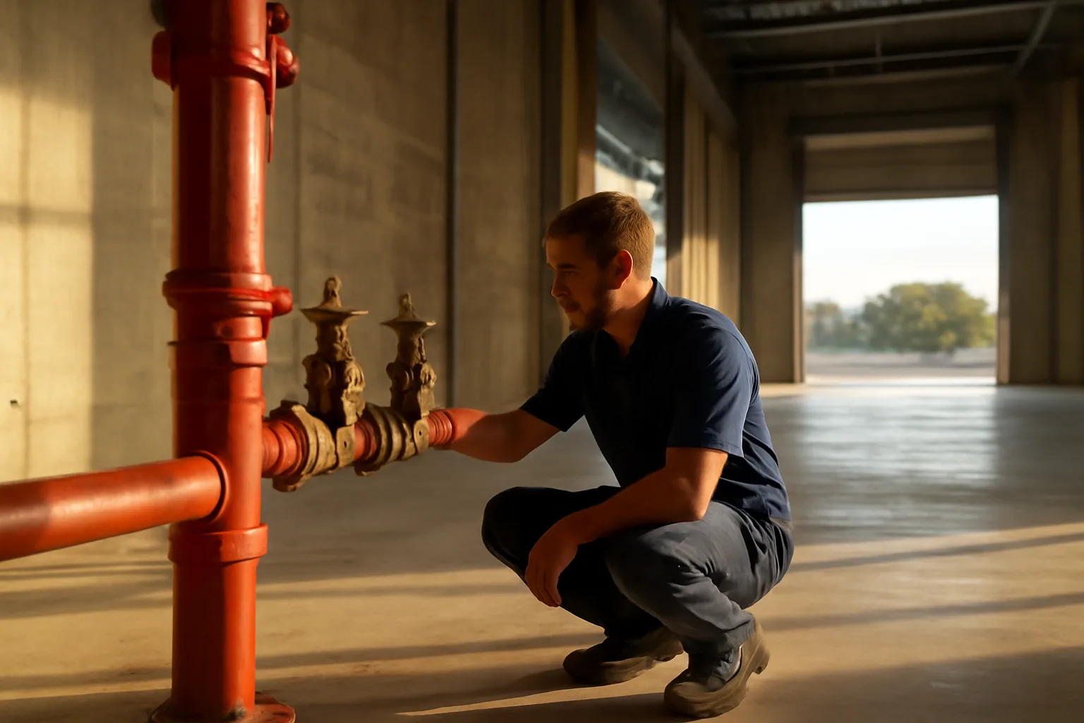Technician kneeling by a wet pipe sprinkler riser during Florida ITM