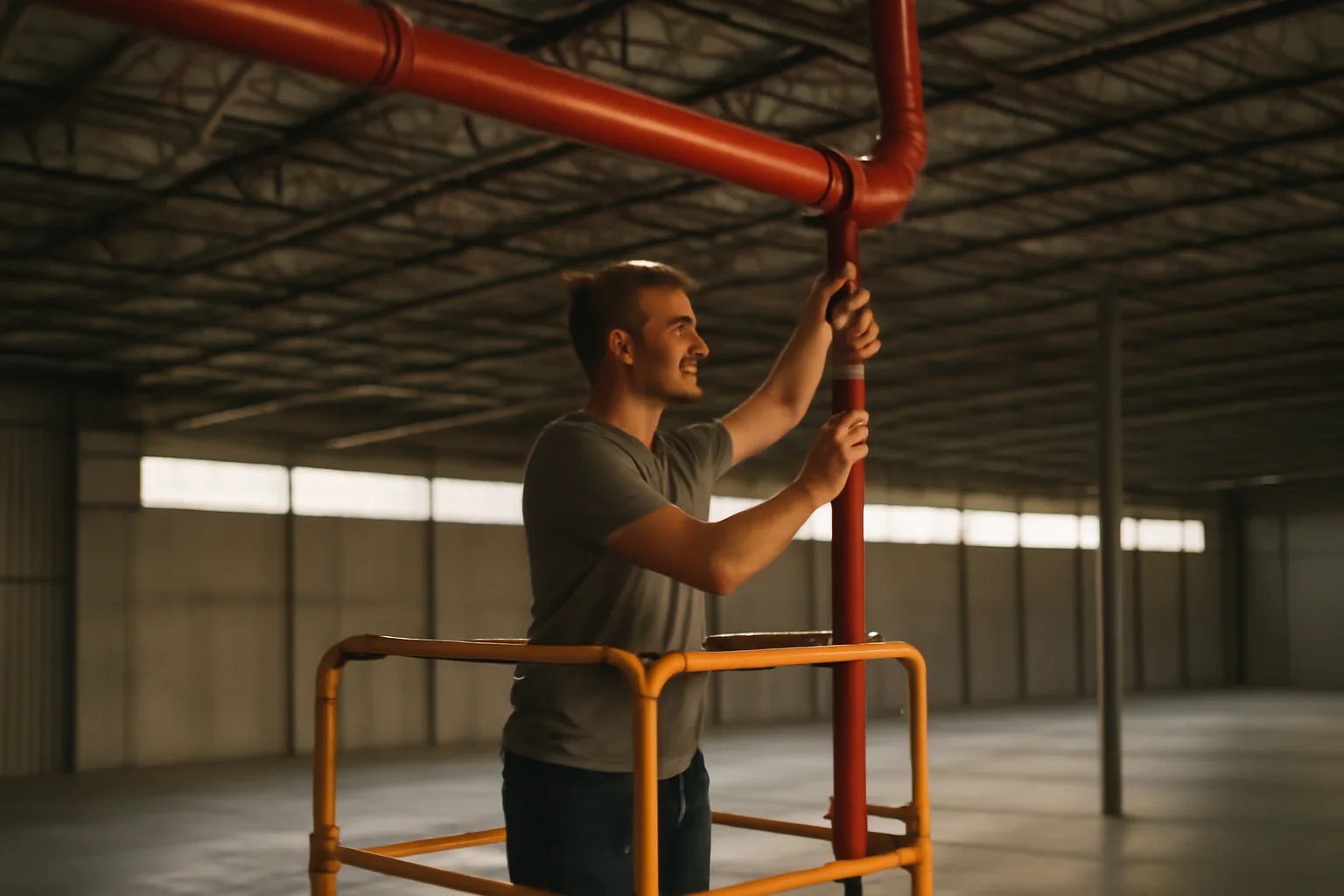 Technician beside overhead fire sprinkler pipe in a Georgia warehouse