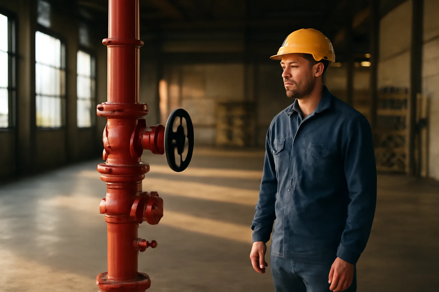 Worker beside a warehouse sprinkler riser during an Indiana ITM check