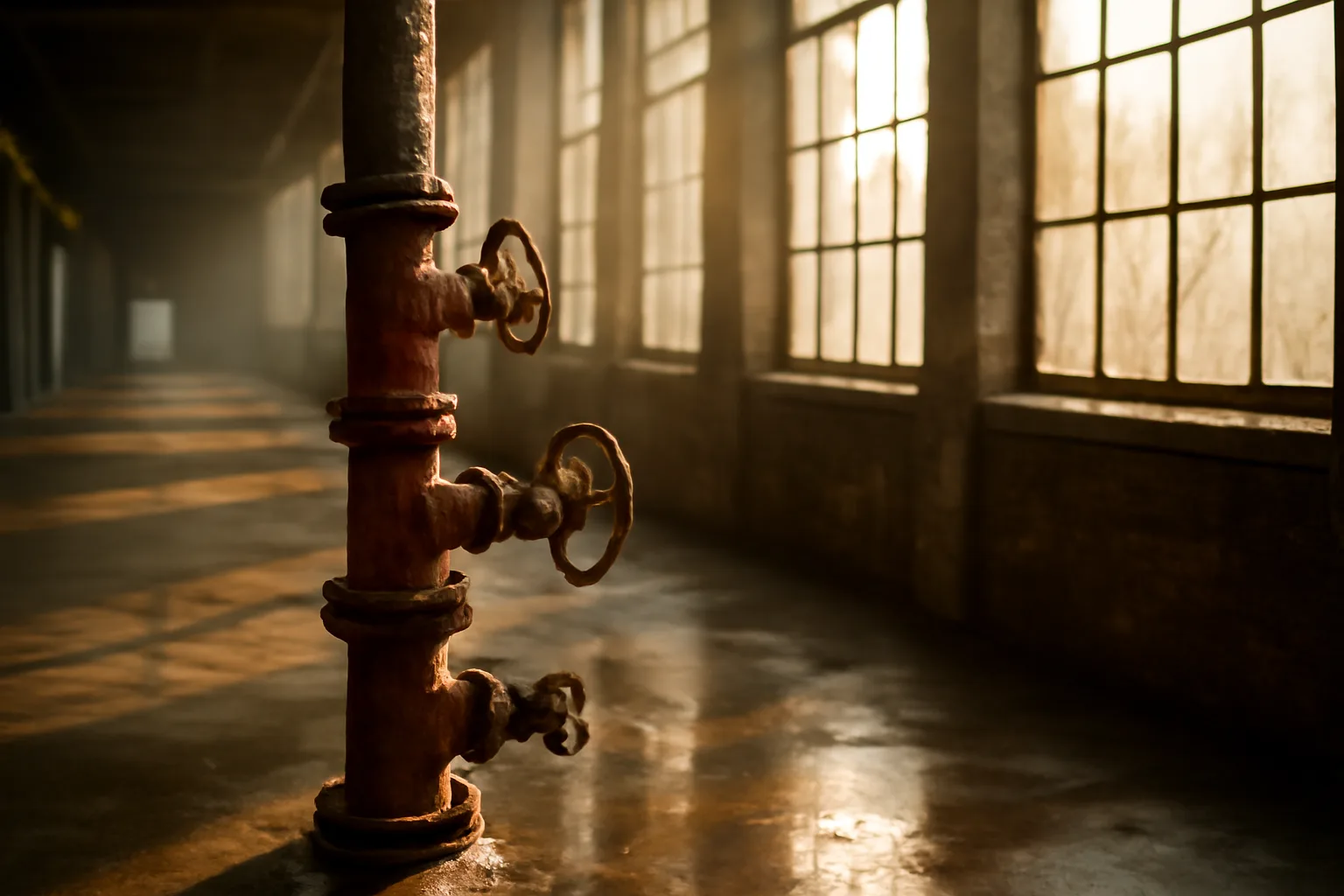 Iowa warehouse wet pipe sprinkler riser in morning light