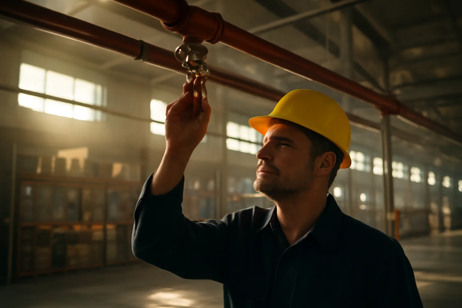 Technician inspecting fire sprinkler heads in a large warehouse interior
