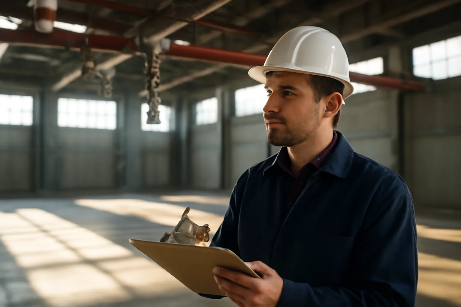 Fire sprinkler inspector examining overhead sprinkler pipes inside an Alaska warehouse