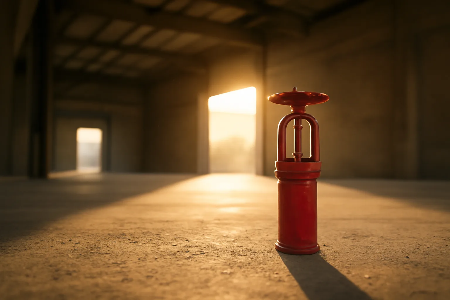 Red upright sprinkler head in a Phoenix warehouse for Arizona ITM