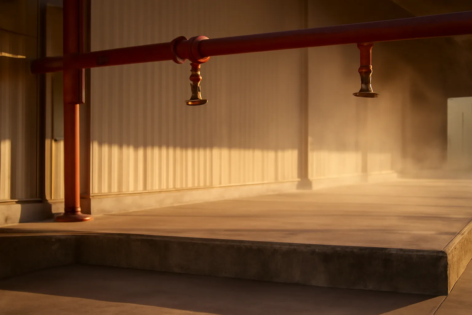 Red sprinkler mains over a North Little Rock warehouse loading bay