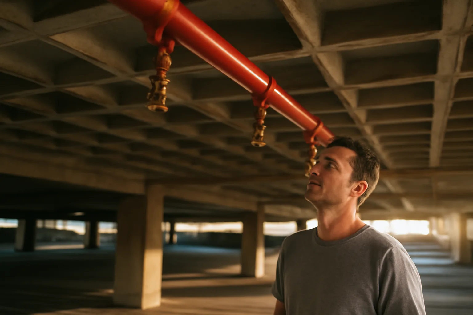 Worker checks red fire sprinkler pipe in a Los Angeles garage