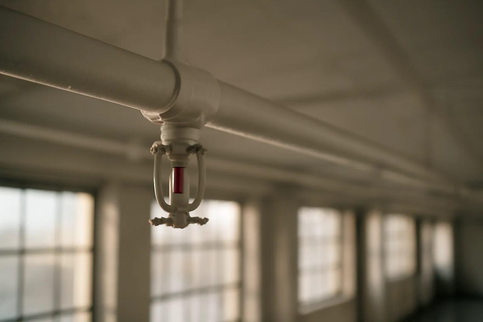 Close-up of a commercial fire sprinkler head on a white ceiling pipe