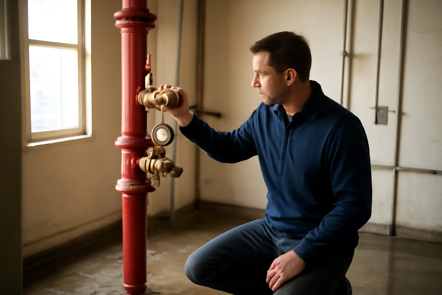 Technician checks a fire sprinkler riser during Delaware ITM work
