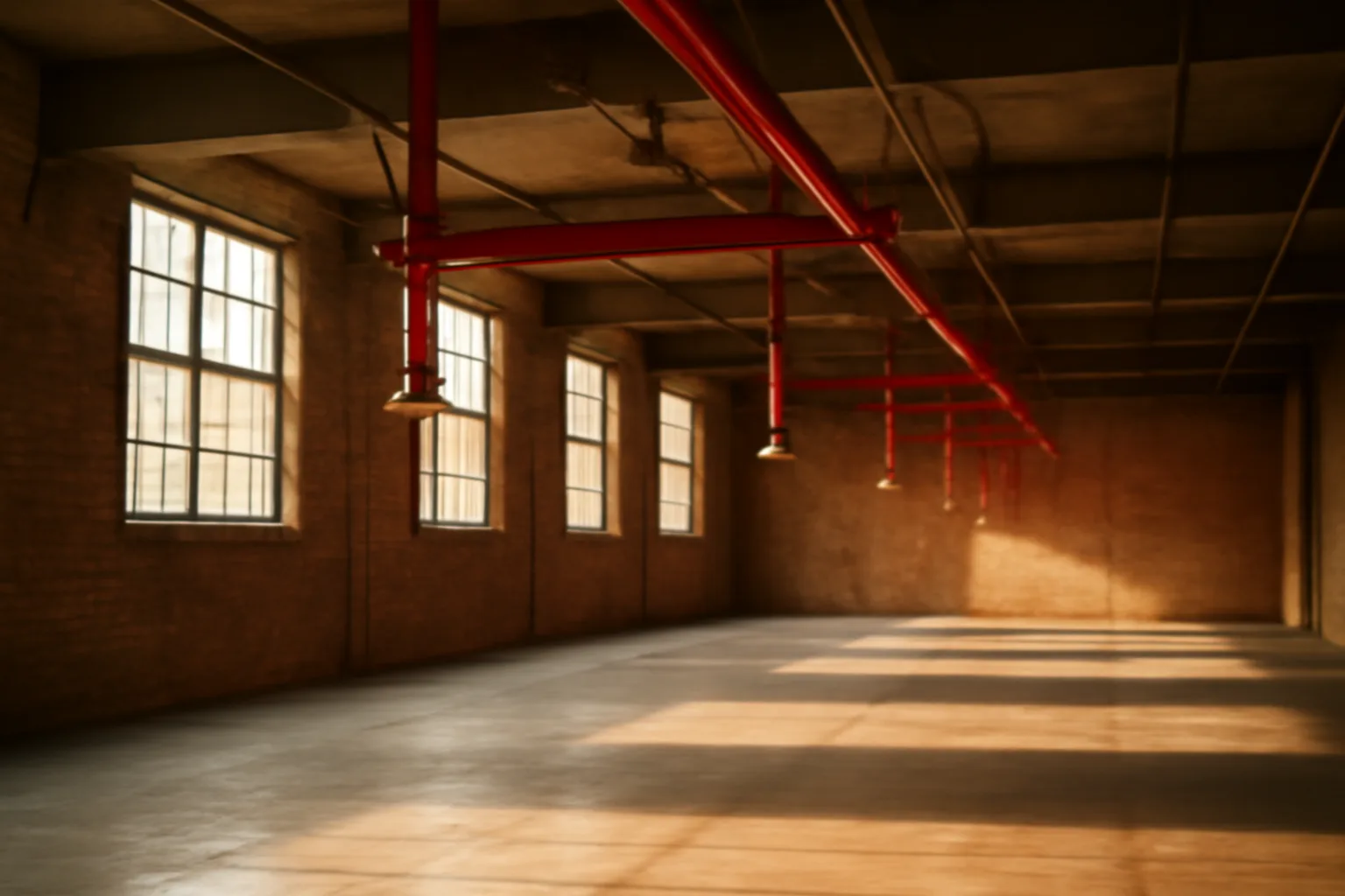 Red fire sprinkler pipes on an Illinois warehouse ceiling