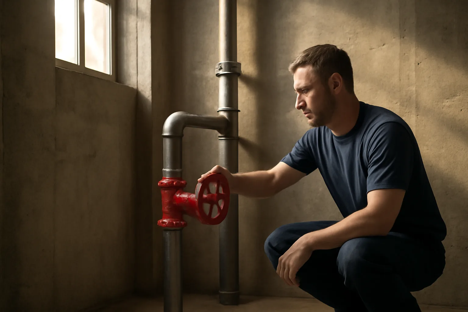 Worker checks steel sprinkler piping in an Indiana mechanical room