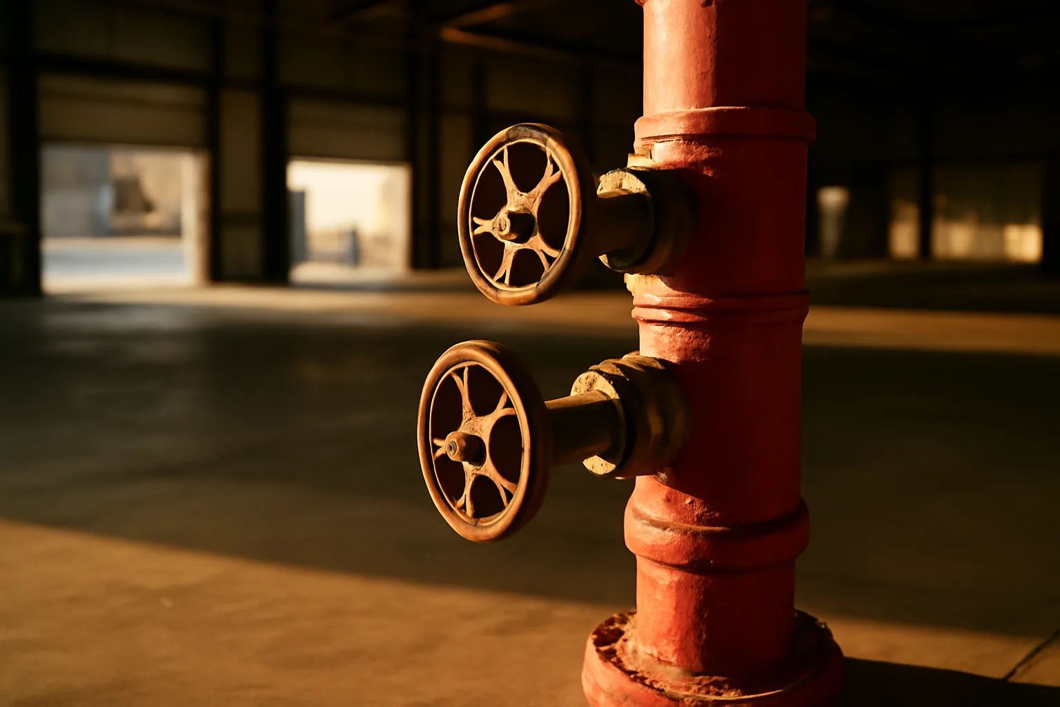 Red wet-pipe sprinkler riser inside a quiet Iowa warehouse