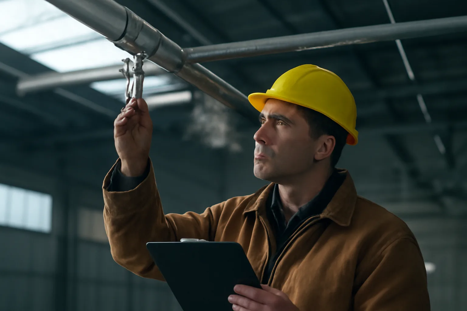 Inspector examining sprinkler heads and pipes inside a cold Alaska warehouse