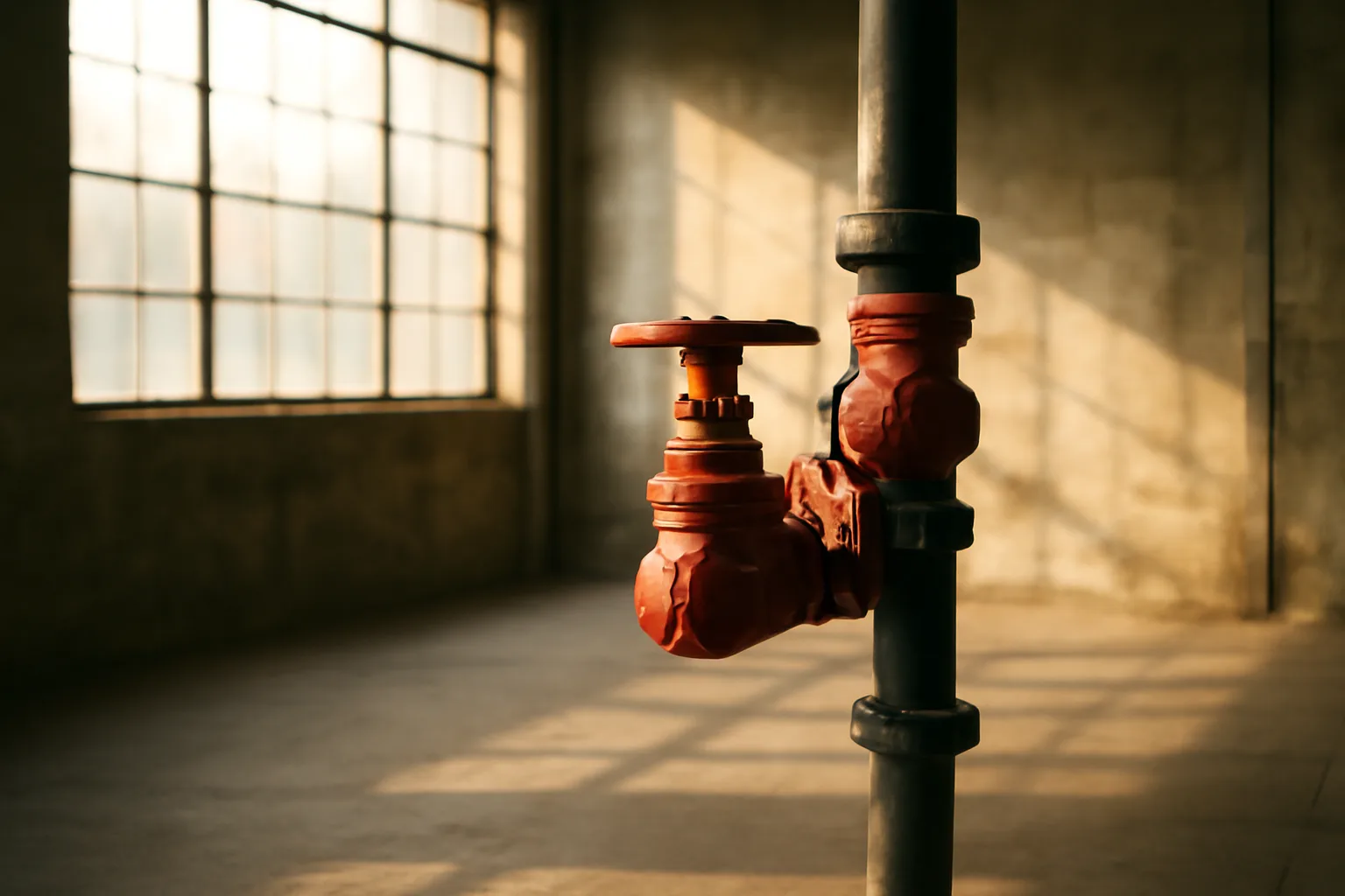 Red sprinkler riser valve in a North Little Rock warehouse