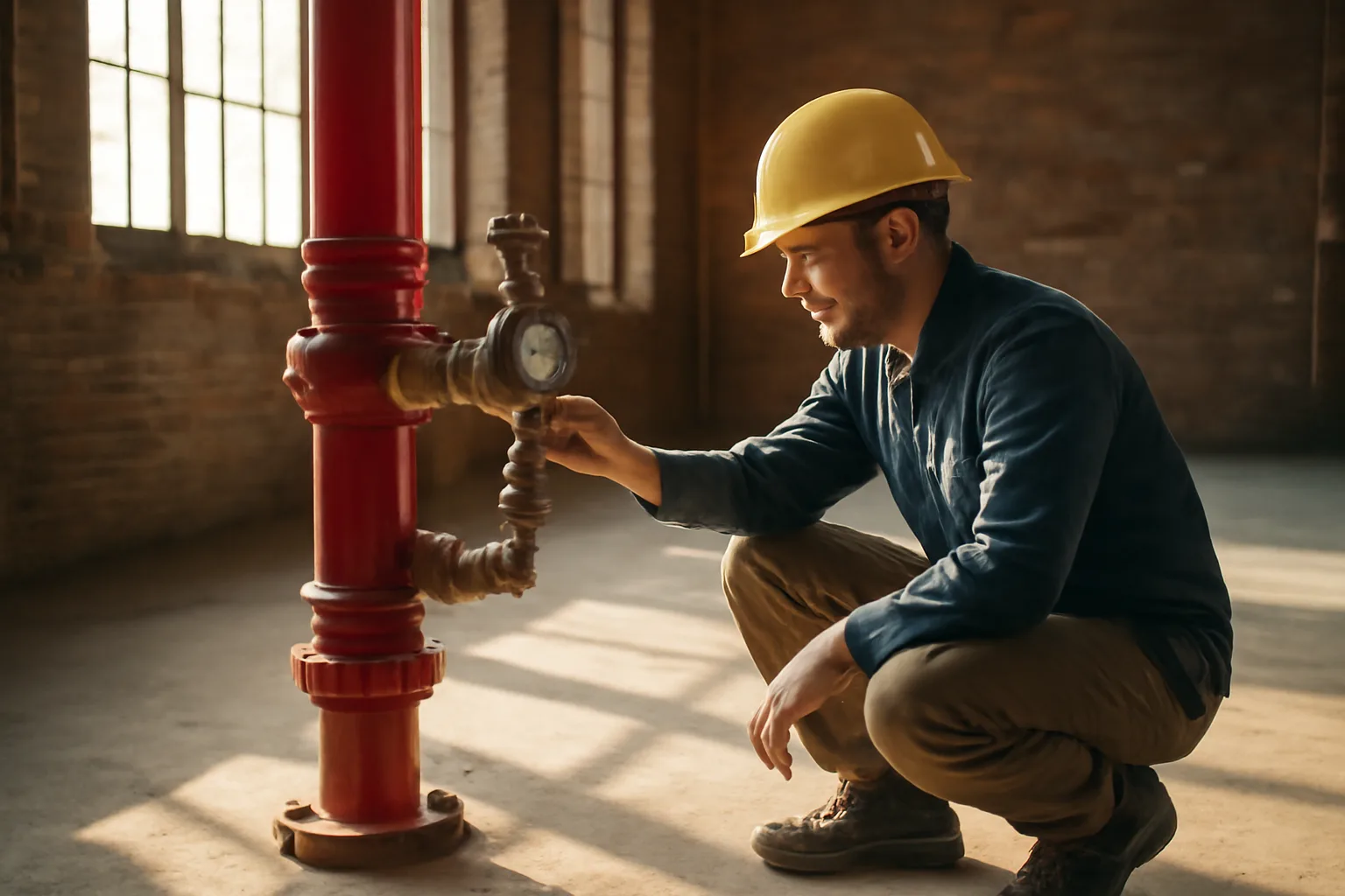 Worker reads a sprinkler riser gauge in a Connecticut warehouse