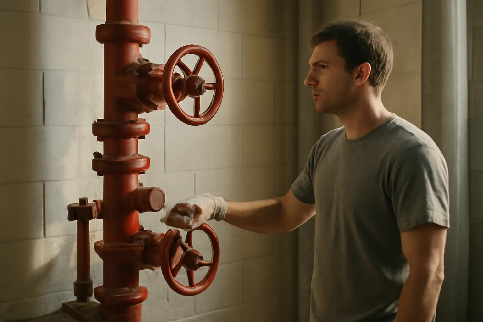 Worker beside a red sprinkler riser in a Florida mechanical room