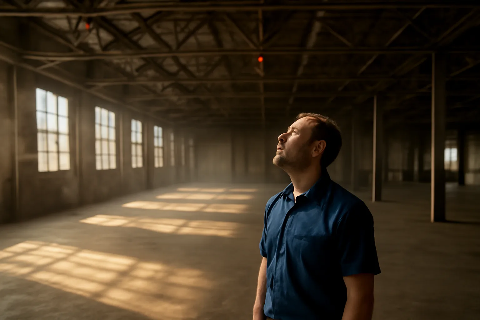 Technician looking up at warehouse sprinklers during Georgia ITM work