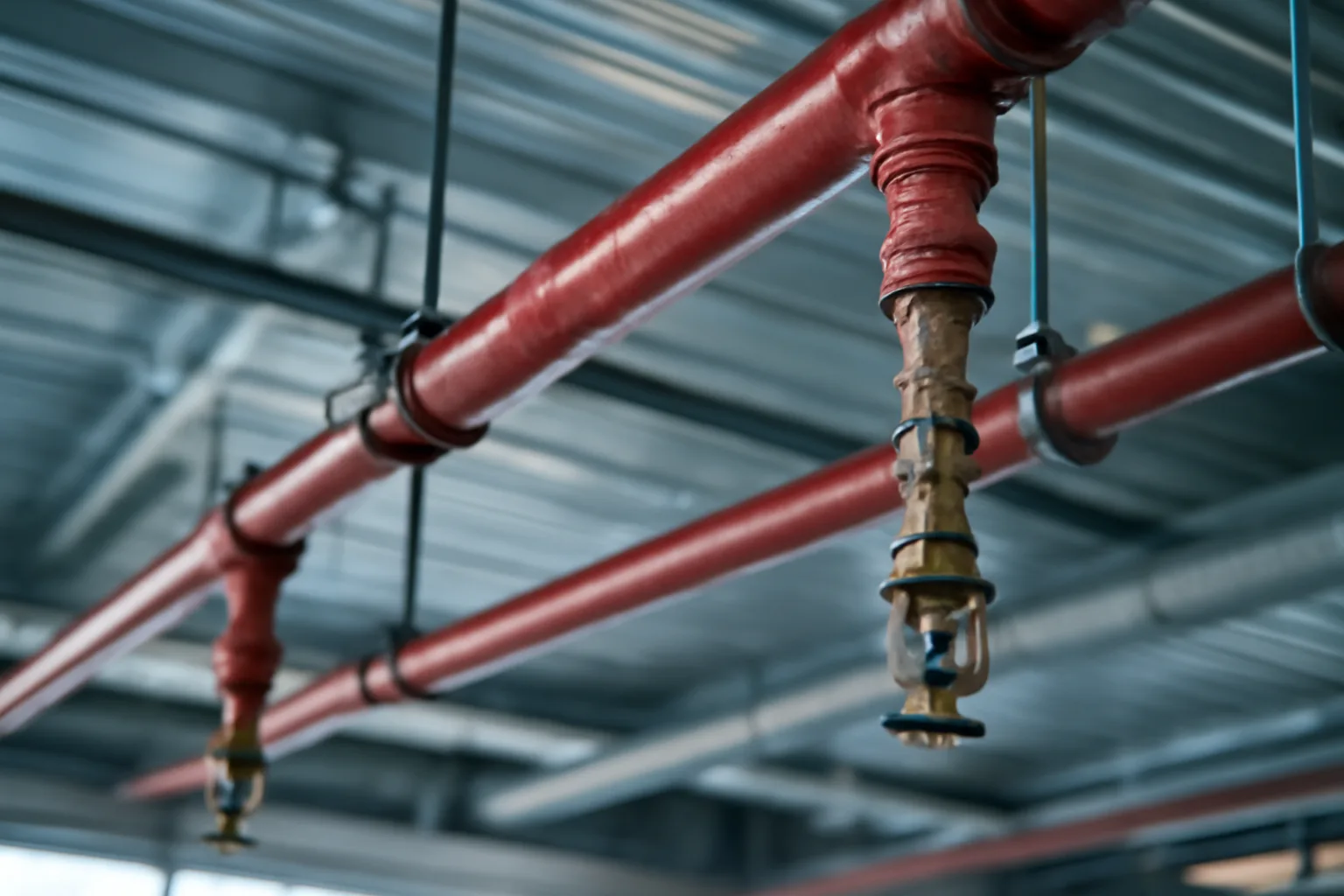 Commercial fire sprinkler pipe system on warehouse ceiling in Alaska