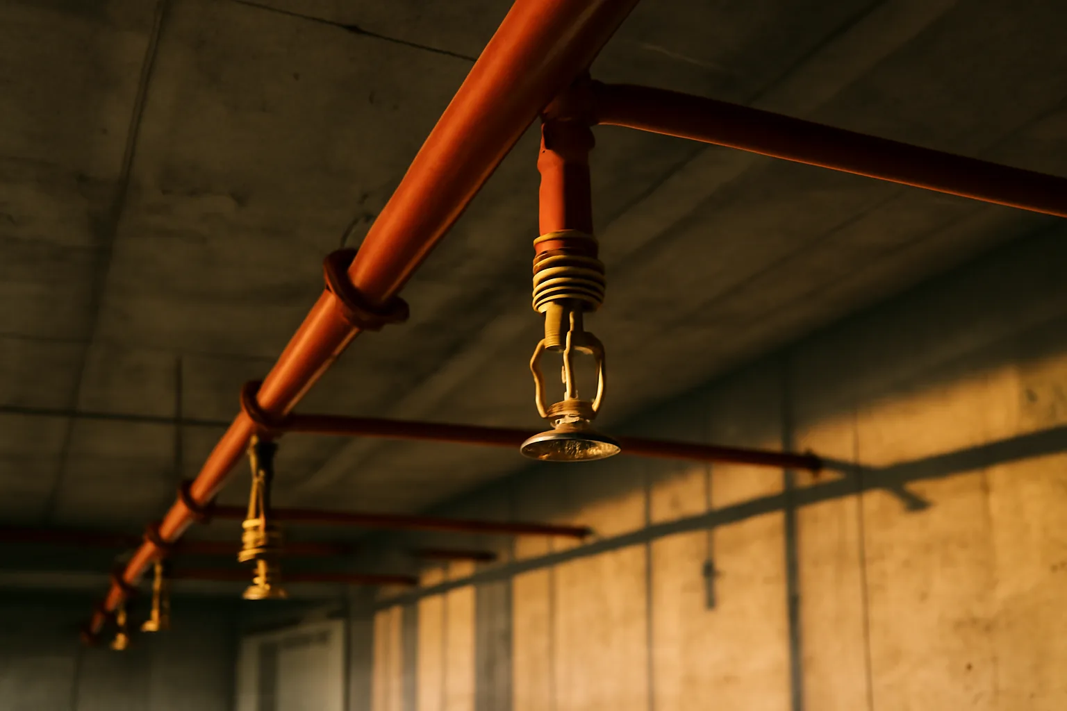 Brass fire sprinkler heads on metal pipes across a commercial warehouse ceiling