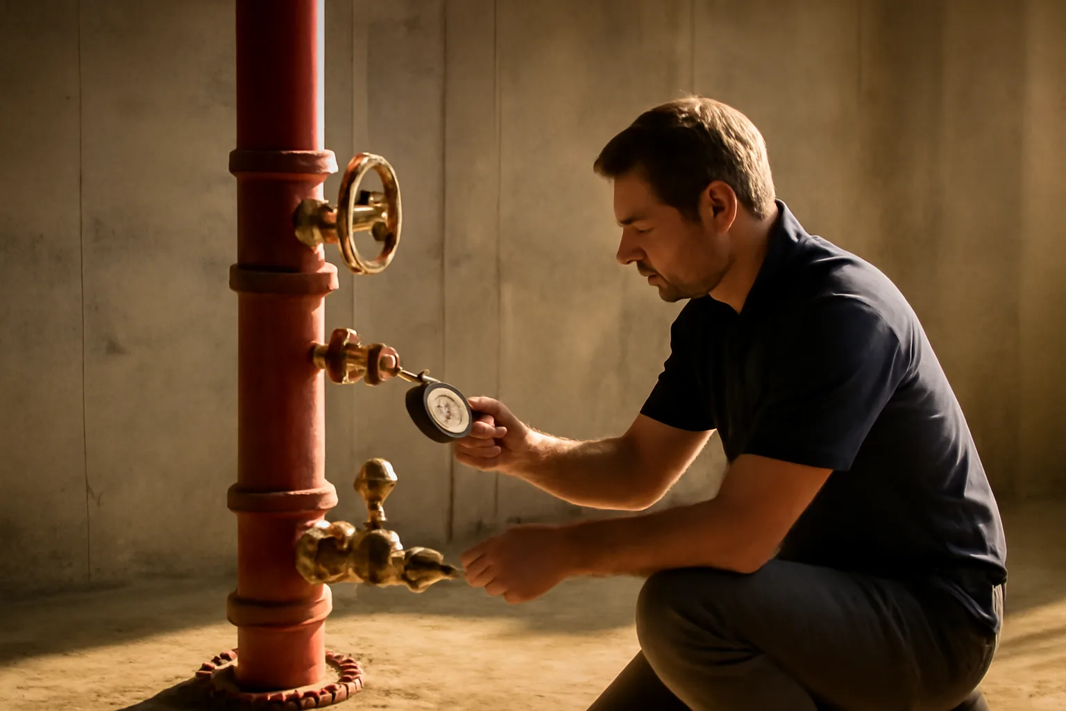 Technician inspecting a fire sprinkler riser for Arkansas ITM work