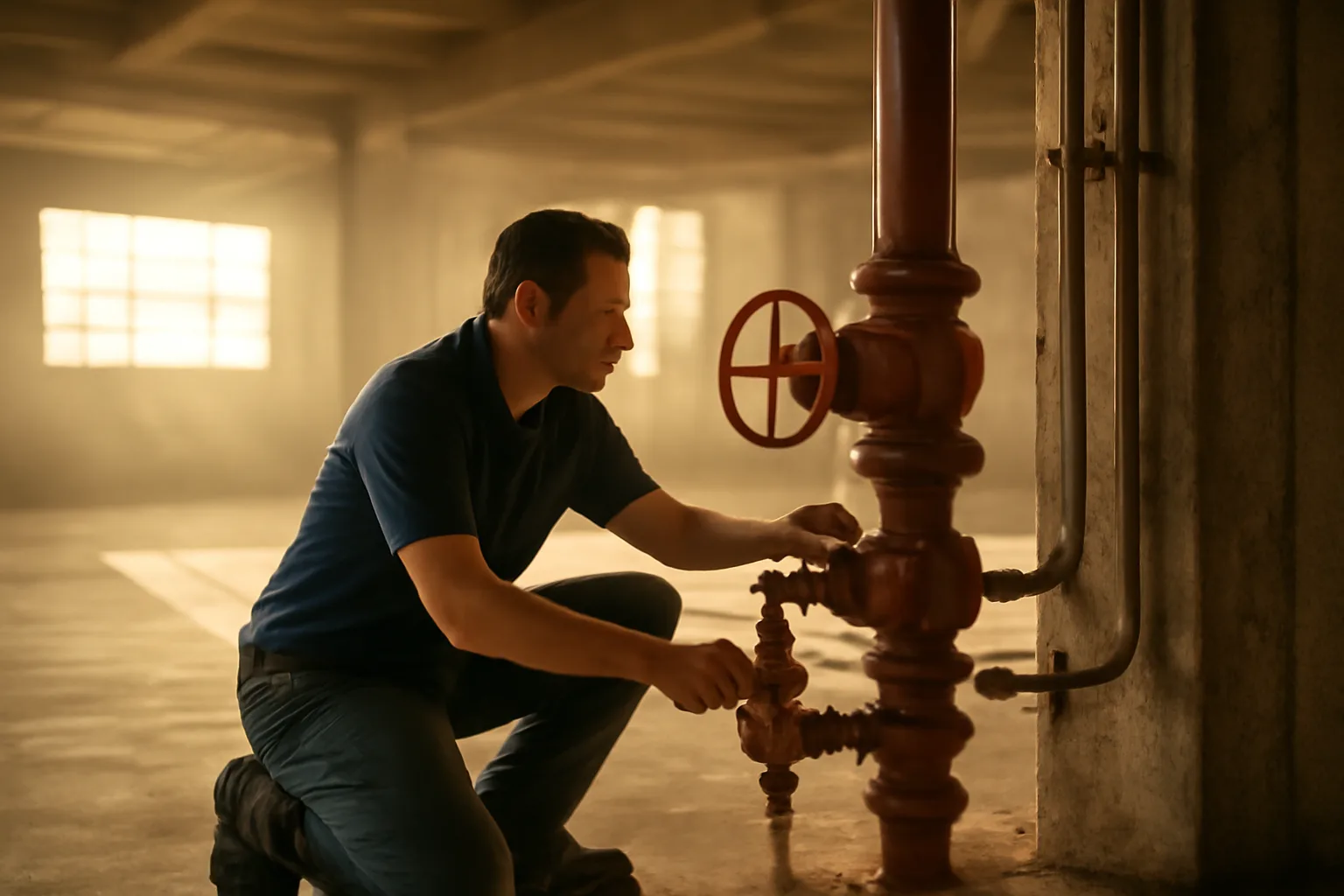 Technician kneeling by a sprinkler riser in a California warehouse