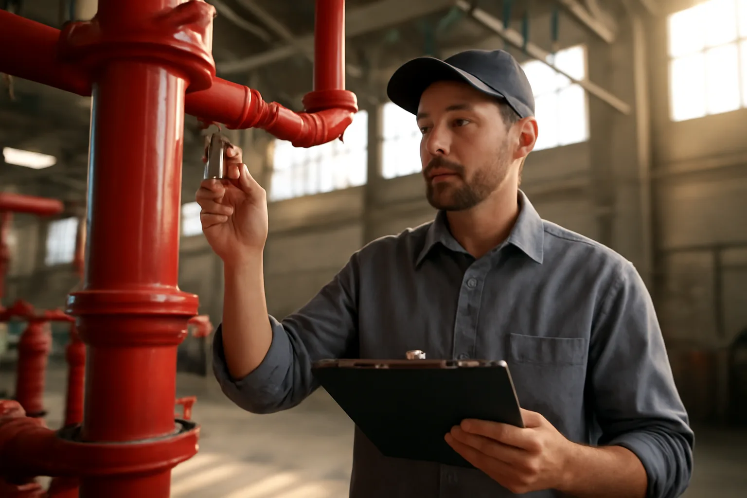 Sprinkler technician inspecting a commercial wet pipe sprinkler system in a warehouse