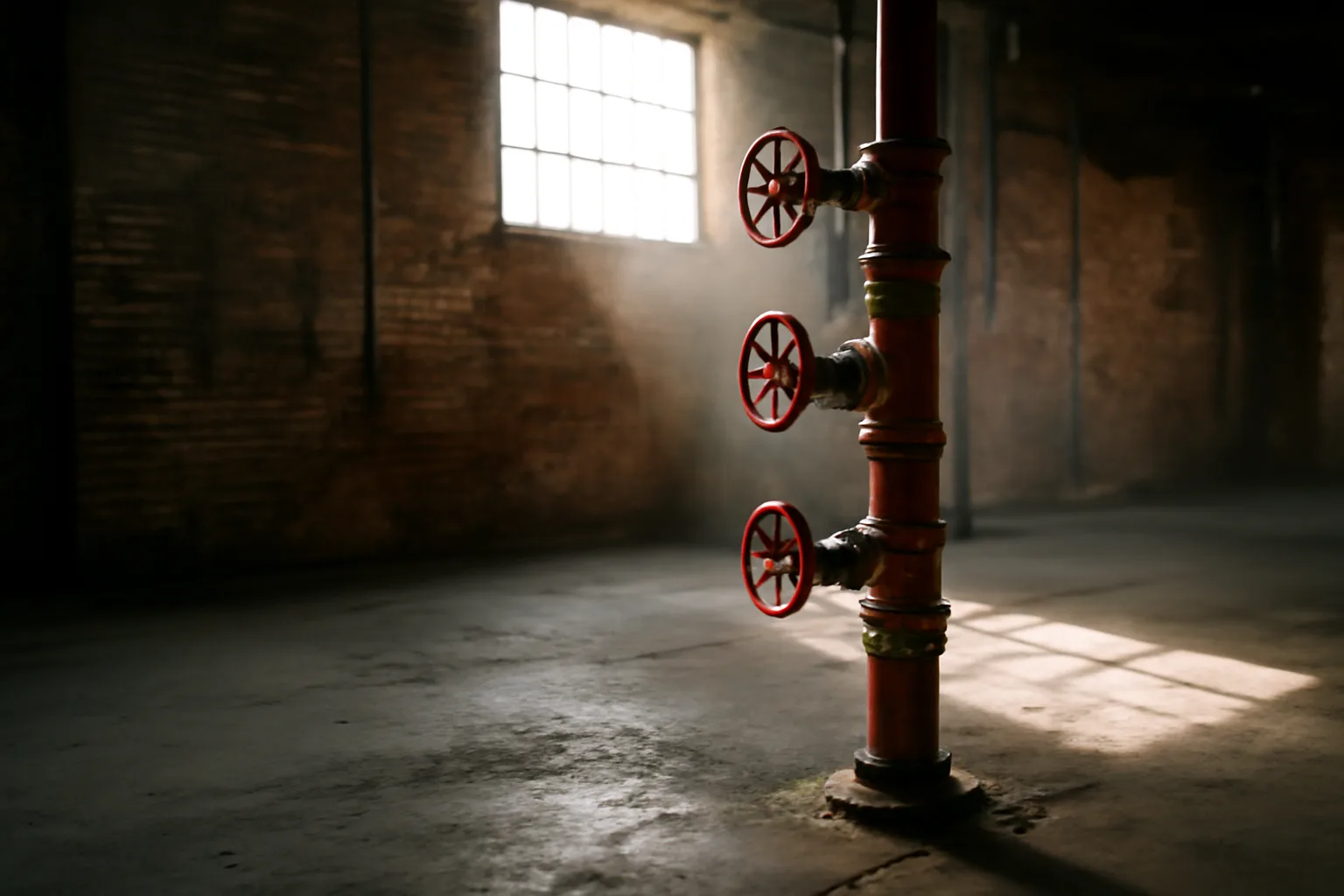 Wet-pipe sprinkler riser in a Delaware warehouse at morning