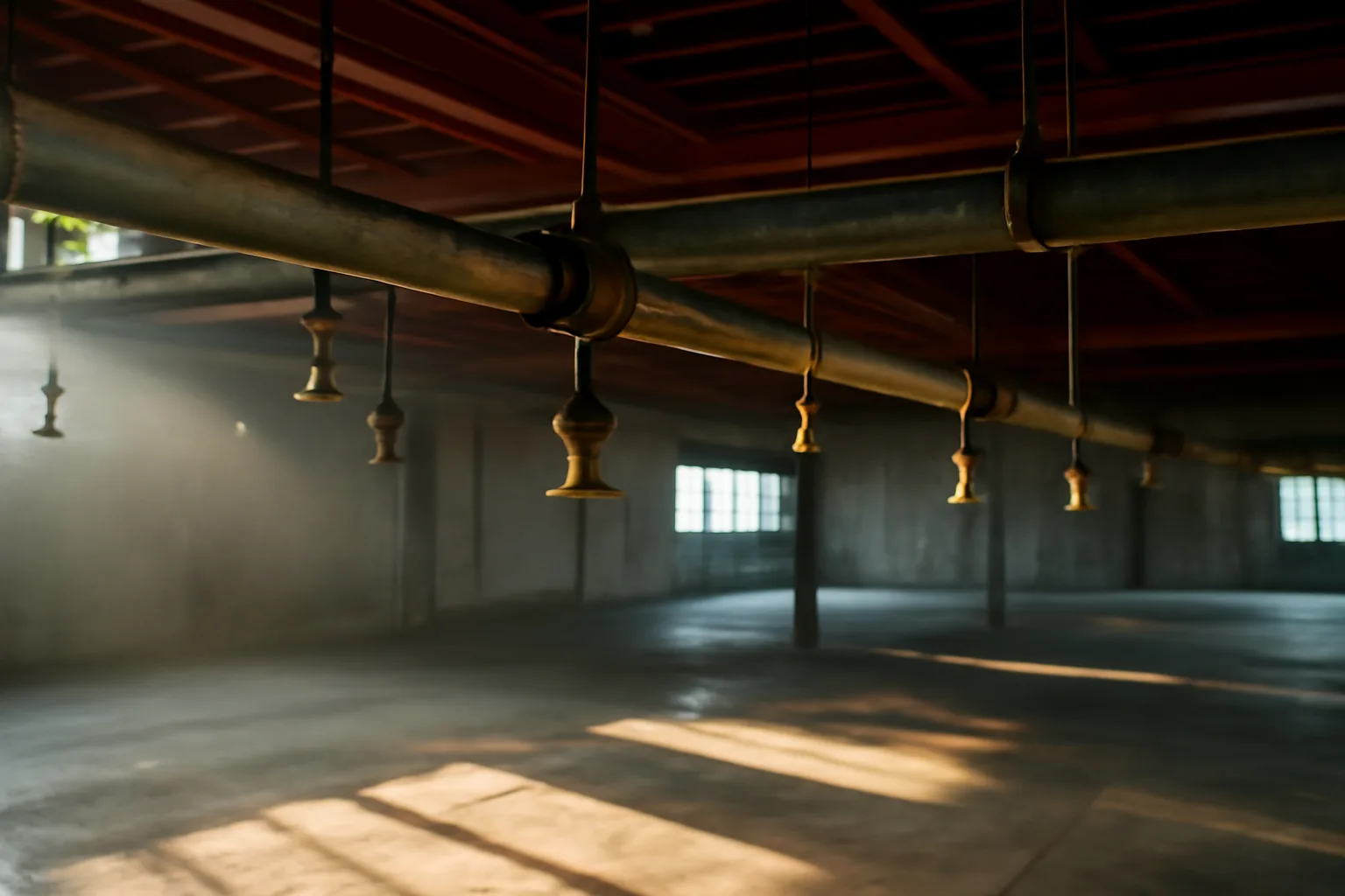 Pendent fire sprinklers on warehouse pipe in Georgia afternoon light