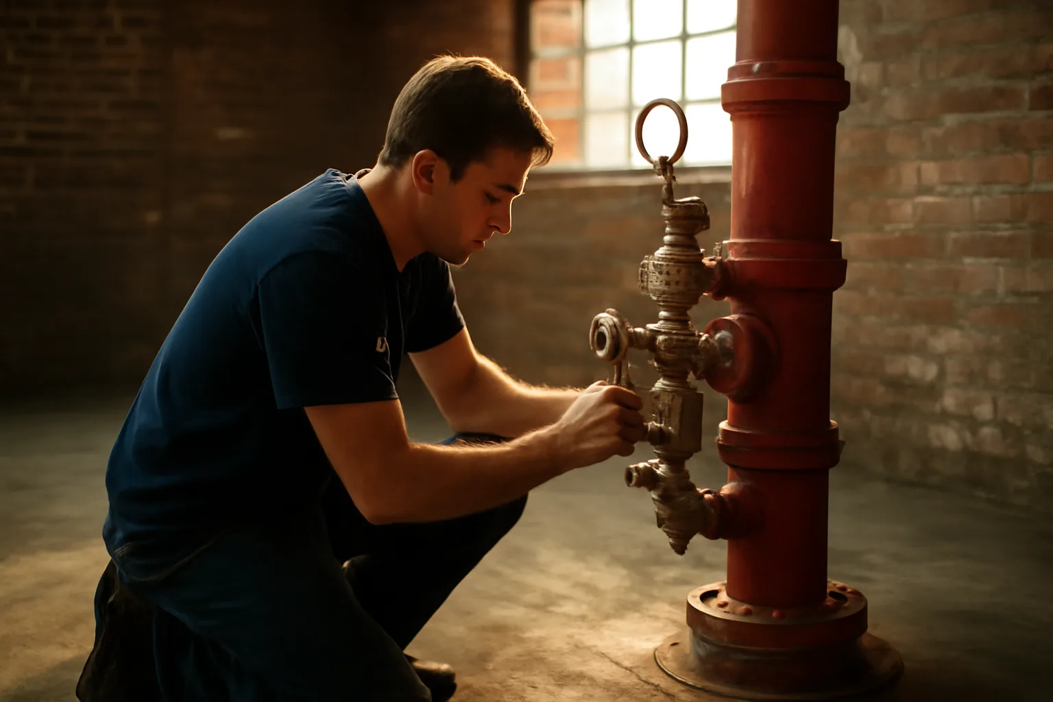 Worker kneeling by a wet sprinkler riser during Indiana ITM work