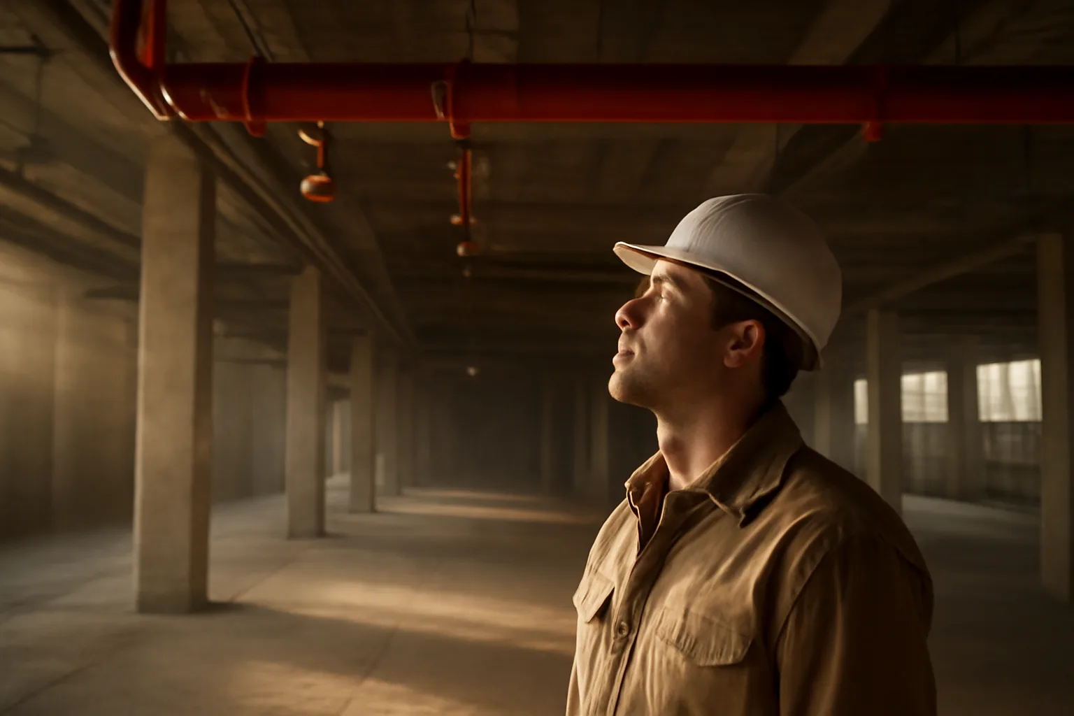 Worker viewing Iowa warehouse sprinkler pipe and pendant heads