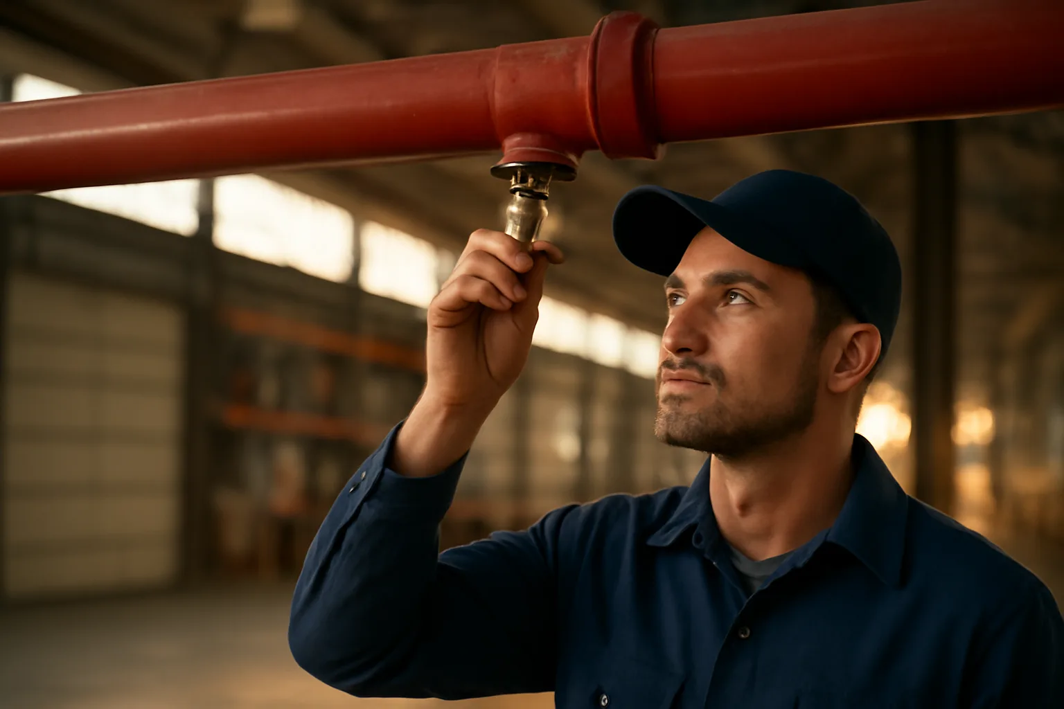 Sprinkler ITM inspector examining overhead pipe fitting in Alabama warehouse