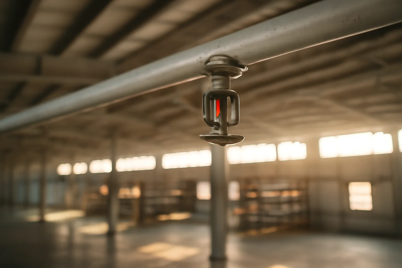 Commercial fire sprinkler head on white pipe ceiling inside an Alaska warehouse