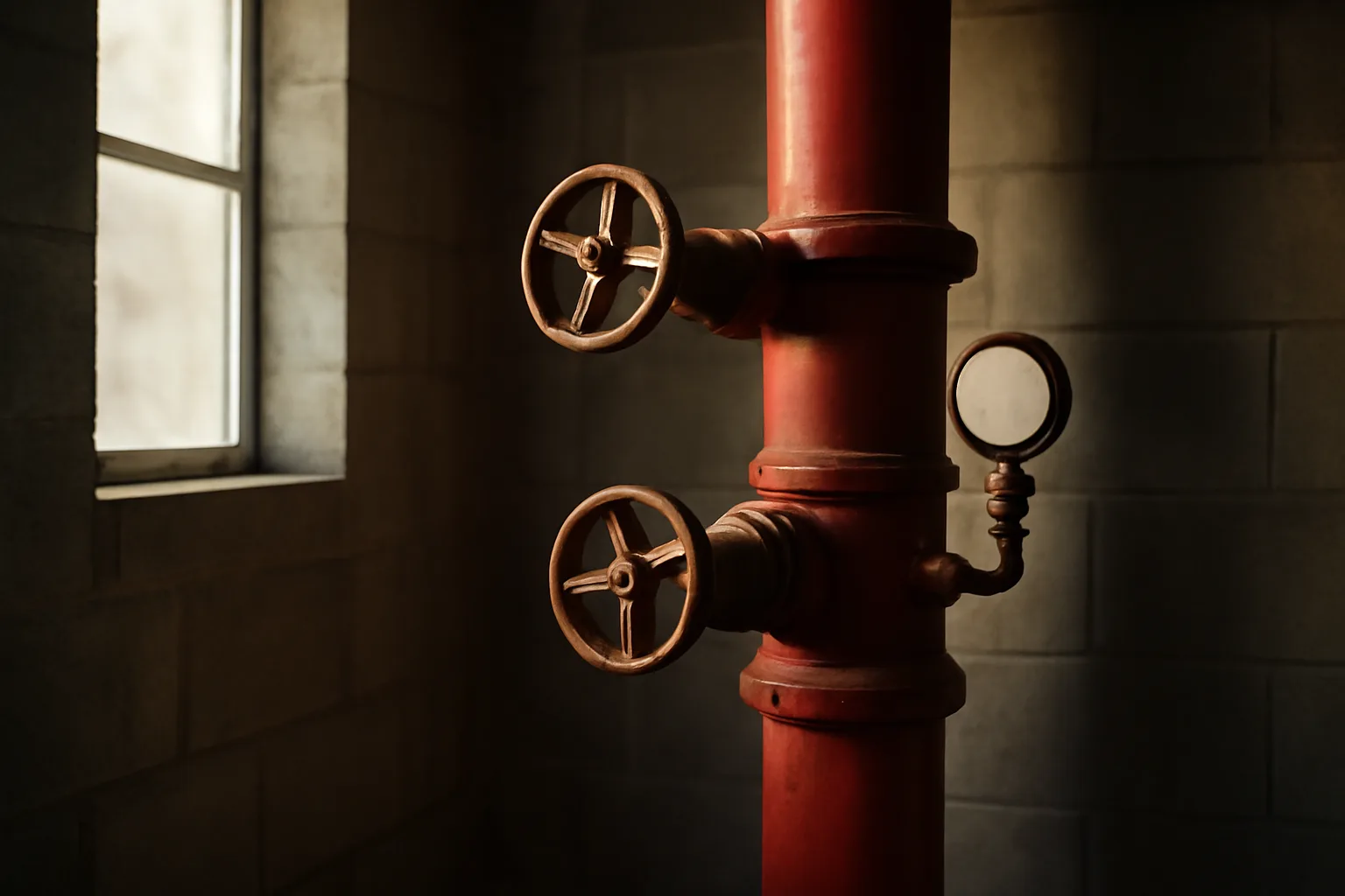 Red fire sprinkler riser in a Little Rock mechanical room
