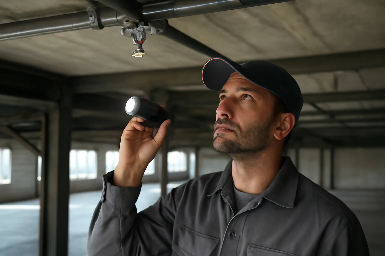 Technician inspecting a ceiling sprinkler head in a California warehouse