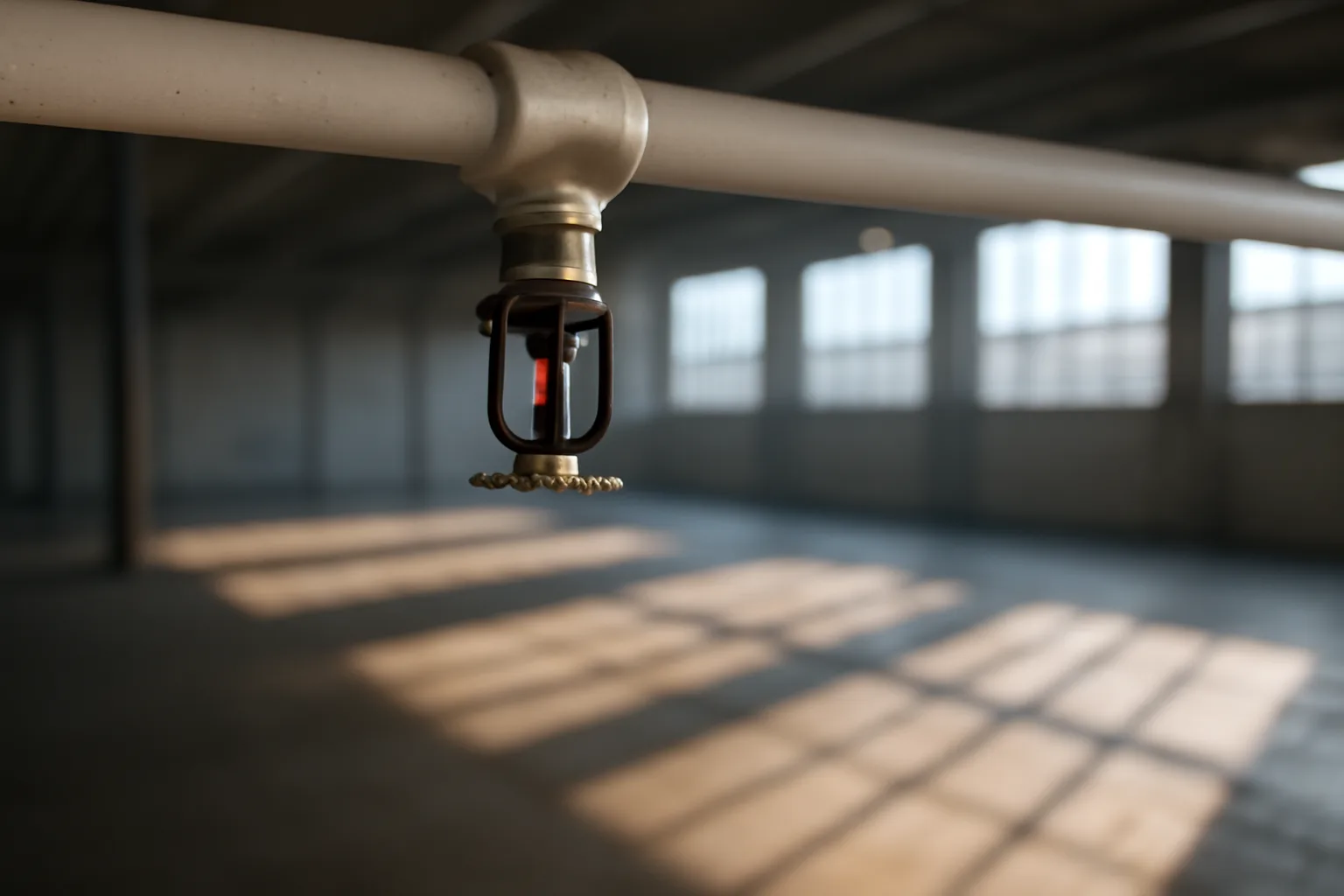 Commercial sprinkler head on ceiling pipe with warehouse floor below, Colorado ITM inspection scene