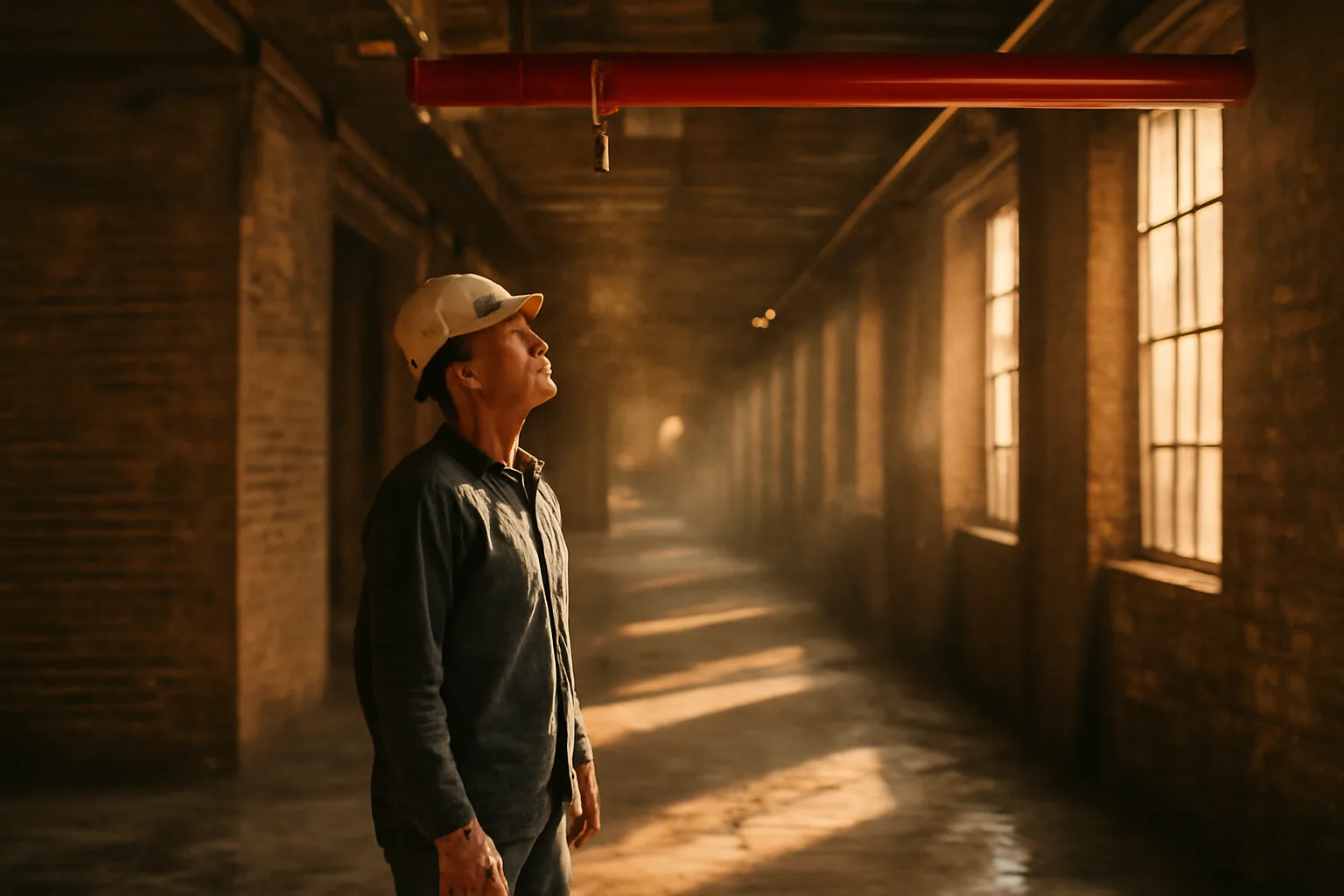 Worker inspects warehouse sprinkler piping during a Connecticut ITM visit