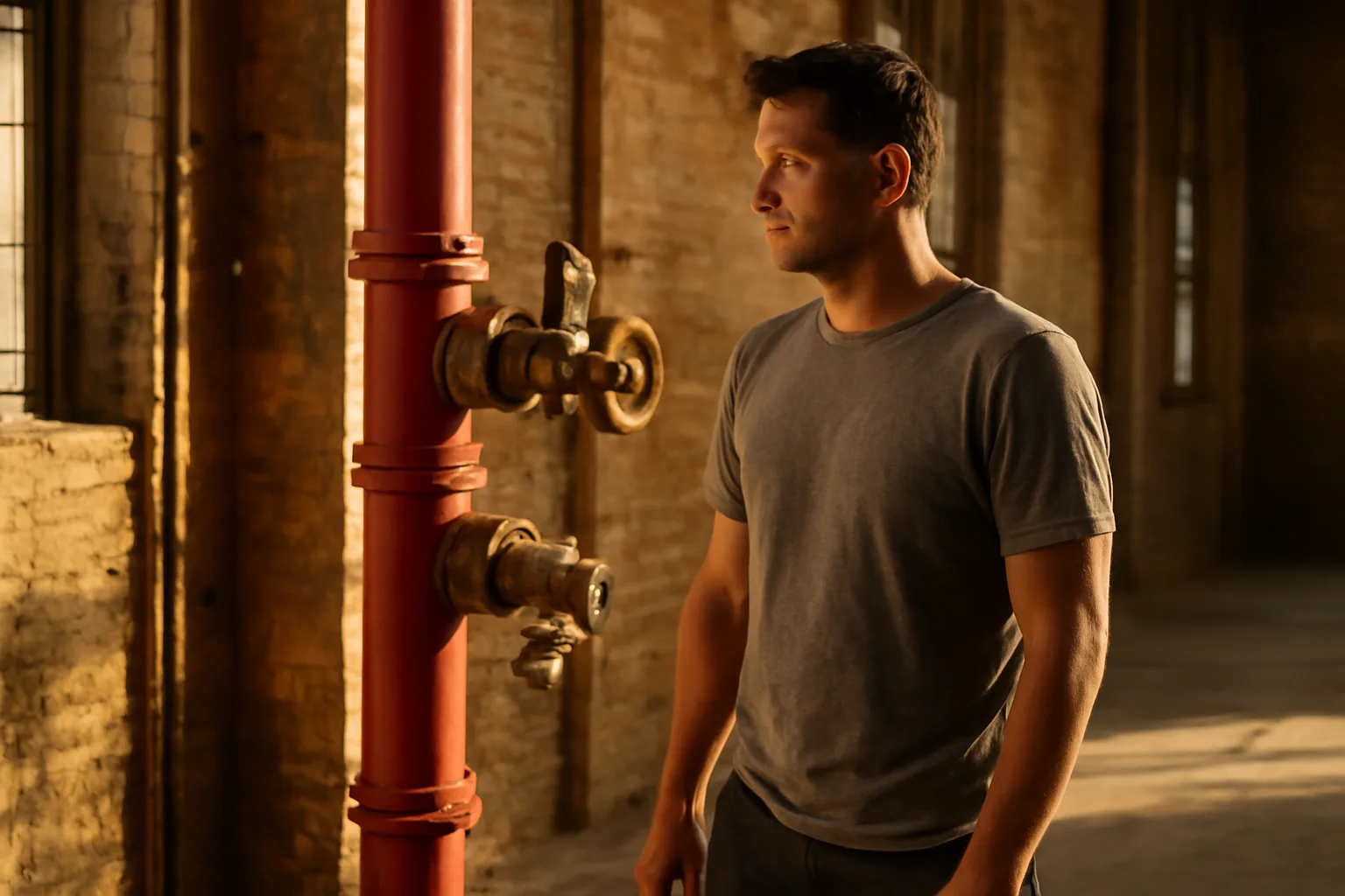 Worker beside a red sprinkler riser in a Delaware warehouse