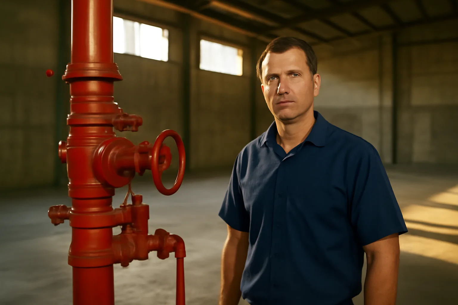 Technician checking a Florida warehouse sprinkler riser in afternoon light