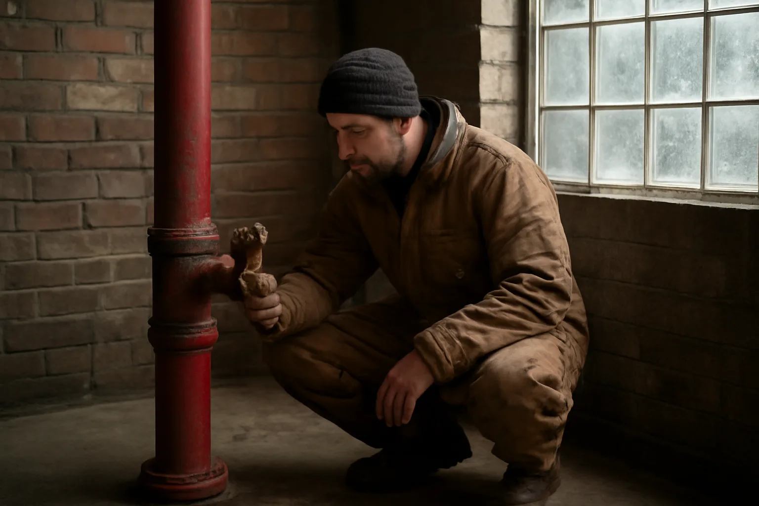 Technician checks a red sprinkler riser during Illinois ITM work