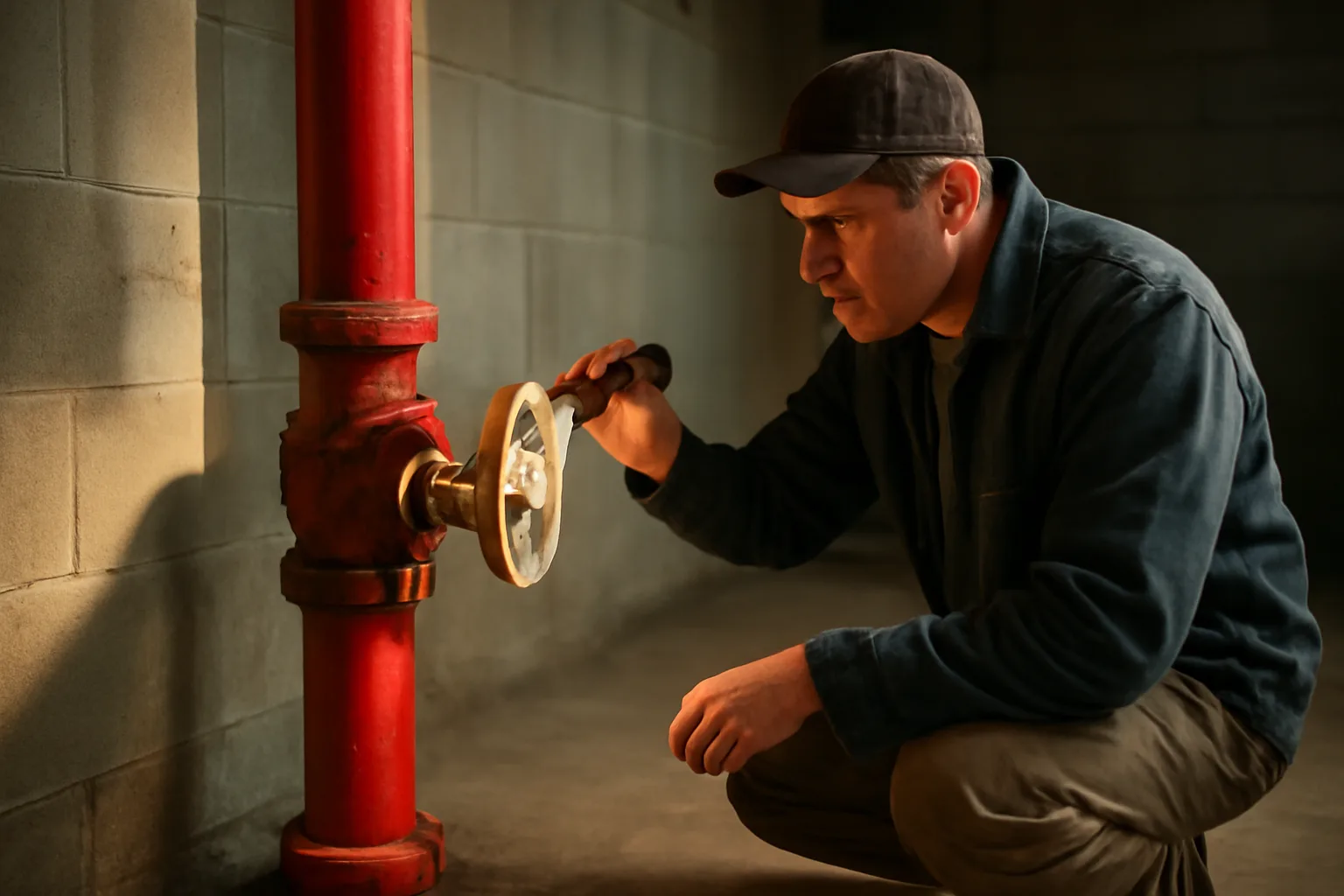 Technician kneeling by a wet sprinkler riser in an Indiana warehouse